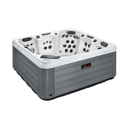 Wanna ogrodowa Jacuzzi z hydromasażem dla 5 osób LavaSpa 220x220cm 60 dysz 3 pompy system Balboa biała perła obudowa szara