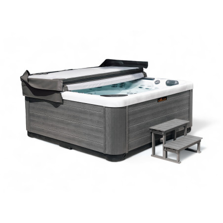 Wanna ogrodowa Jacuzzi z hydromasażem dla 5 osób LavaSpa 220x220cm 60 dysz 3 pompy system Balboa biała perła obudowa szara