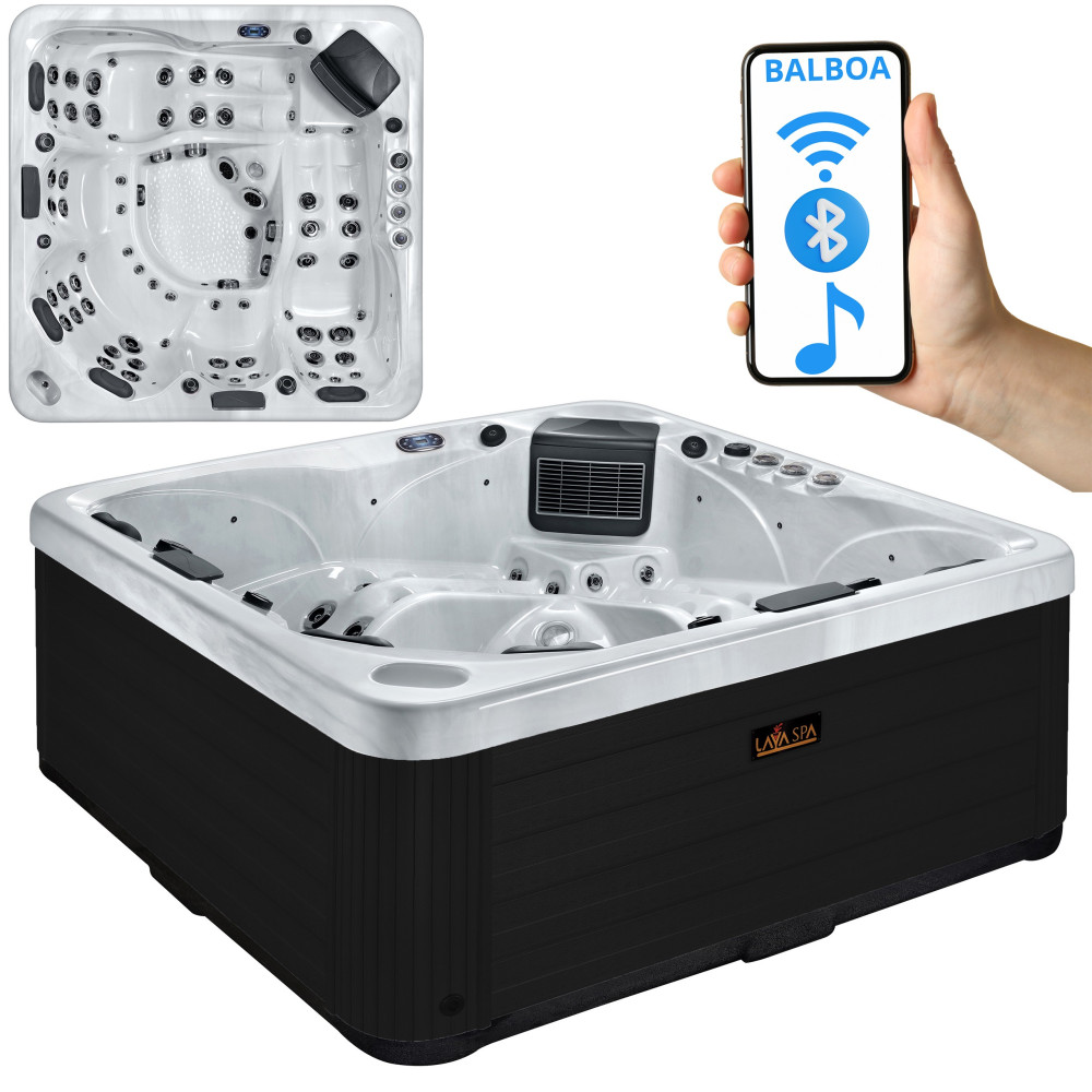 Wanna ogrodowa Jacuzzi z hydromasażem dla 6 osób LavaSpa 230x230cm 65 dysz 4 pompy system Balboa biały marmur obudowa czarna