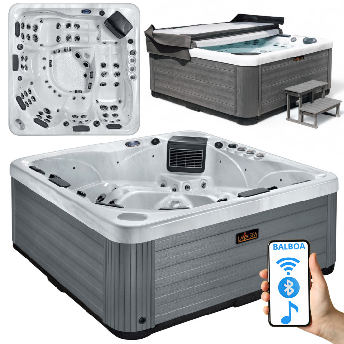 Wanna ogrodowa Jacuzzi z hydromasażem dla 6 osób LavaSpa 230x230cm 65 dysz 4 pompy system Balboa biały marmur obudowa szara