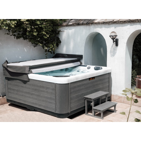 Wanna ogrodowa Jacuzzi z hydromasażem dla 6 osób LavaSpa 230x230cm 65 dysz 4 pompy system Balboa biały marmur obudowa szara