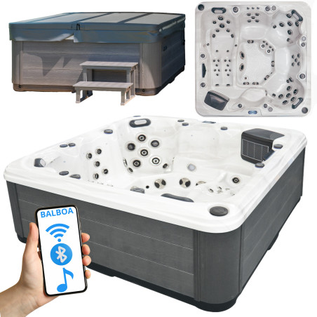 Wanna ogrodowa Jacuzzi z hydromasażem dla 5 osób LavaSpa 230x230cm 65 dysz 4 pompy system Balboa biały marmur obudowa szara
