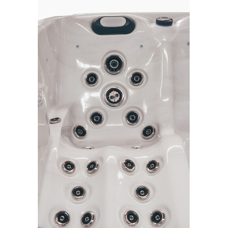 Wanna ogrodowa Jacuzzi z hydromasażem dla 5 osób LavaSpa 230x230cm 65 dysz 4 pompy system Balboa biały marmur obudowa szara