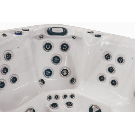 Wanna ogrodowa Jacuzzi z hydromasażem dla 5 osób LavaSpa 230x230cm 65 dysz 4 pompy system Balboa biały marmur obudowa szara