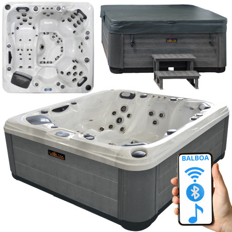 Wanna ogrodowa Jacuzzi z hydromasażem dla 5 osób LavaSpa 210x210cm 54 dysze 3 pompy system Balboa biały marmur obudowa szara