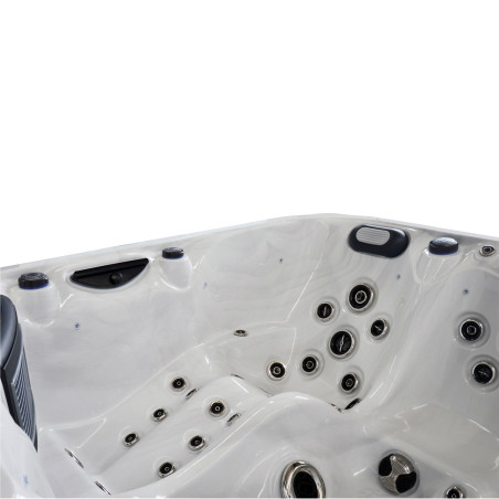 Wanna ogrodowa Jacuzzi z hydromasażem dla 5 osób LavaSpa 210x210cm 54 dysze 3 pompy system Balboa biały marmur obudowa szara